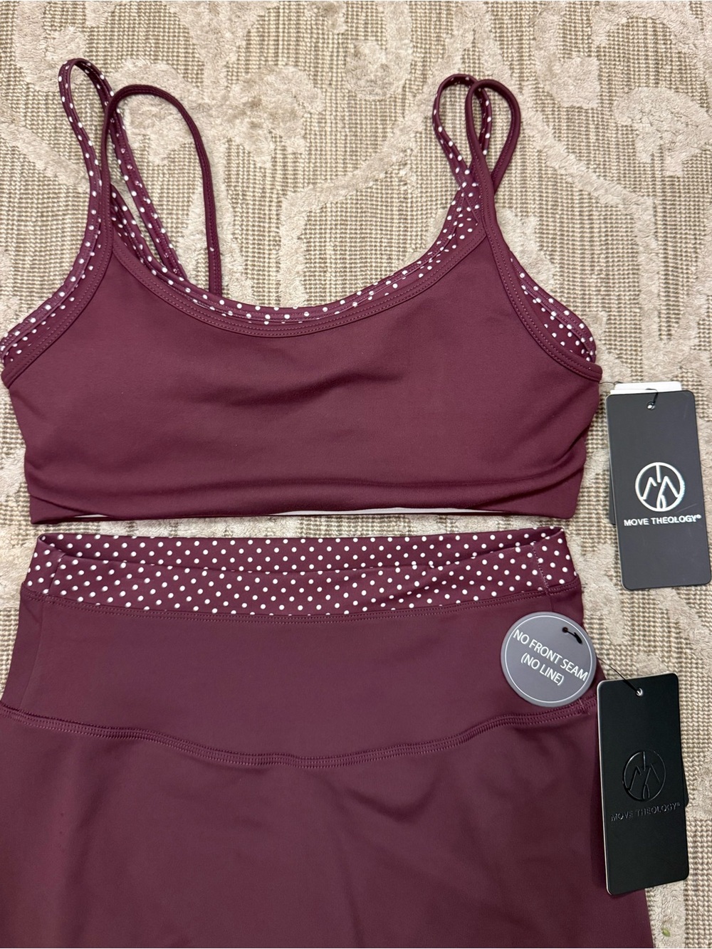 NWT Move Theology Polka Dot Burgundy Maroon Workout Set Size Medium Posie Like